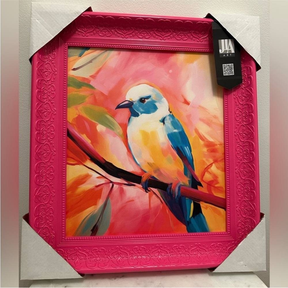 NEW Rene Michel Framed Bird Canvas, Hot Pink - Picture 2 of 8
